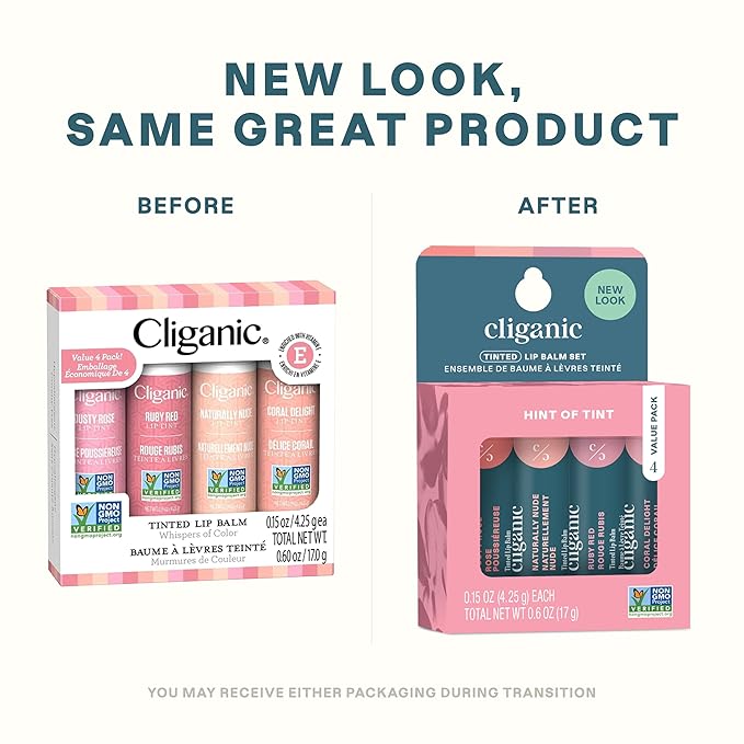 Cliganic Tinted Lip Balm - Non-GMO, 4 Colors - Enriched with Vitamin E, Cruelty Free (Packaging May Vary)