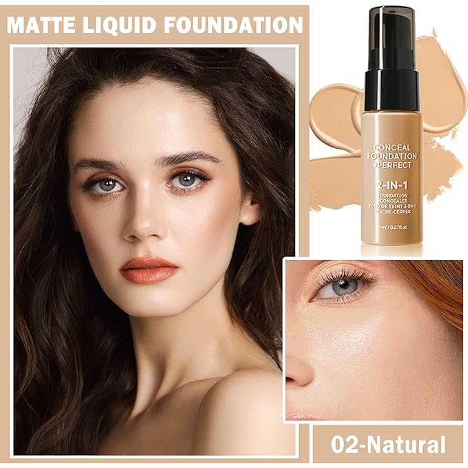 Concealer Full Coverage Foundation for Mature Skin,Oil Control Matte 2 in 1 Concealer liquid Foundation Makeup Waterproof Base De Maquillaje Alta Cobertura-02 Natural