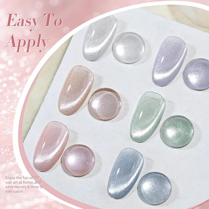 Born Pretty Cat Magnetic Eye Gel Nail Polish, Pastel Milky Jelly Cat Magnetic Gel Pastel Blue Green Purple Pink Nude Silver Nail Art Gel Manicure Salon DIY Gifts 7ML 6PCS