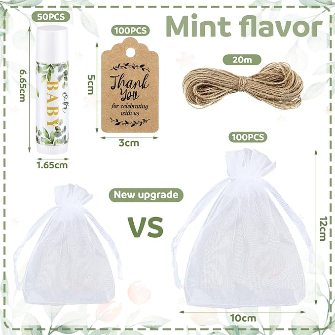 Demissle 50 Pcs Baby Shower Lip Balm Gift Set with 100 Pcs Organza Bags Baby Shower Party Favor for Guest Thank You Tag Rope Baby Shower Party Decoration Gender Reveal Souvenirs (Leaves)