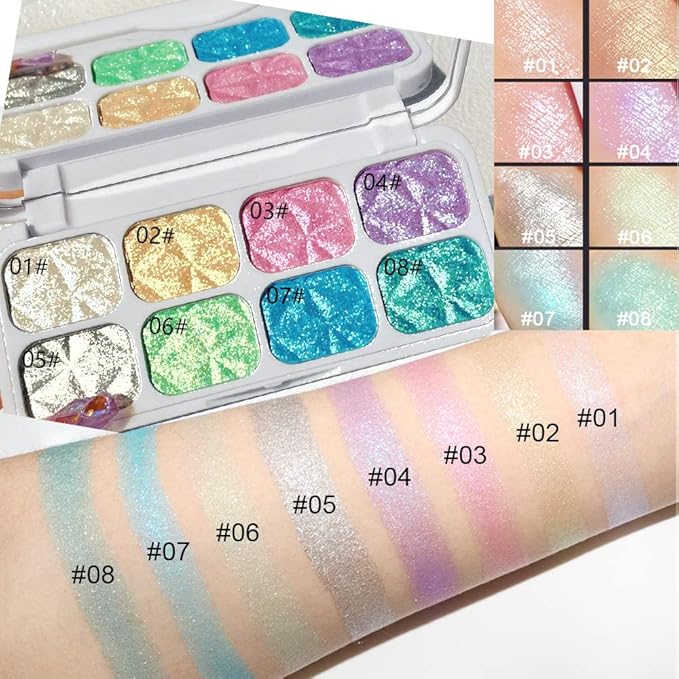 8 Color Face Cheek Highlighter Makeup Palette Shimmer Glitter Iridescent Multichrome Holographic Eyeshadow Palette Purple Rainbow Glitter Highlighter Makeup Highlight and Contour Palette Eye Makeup