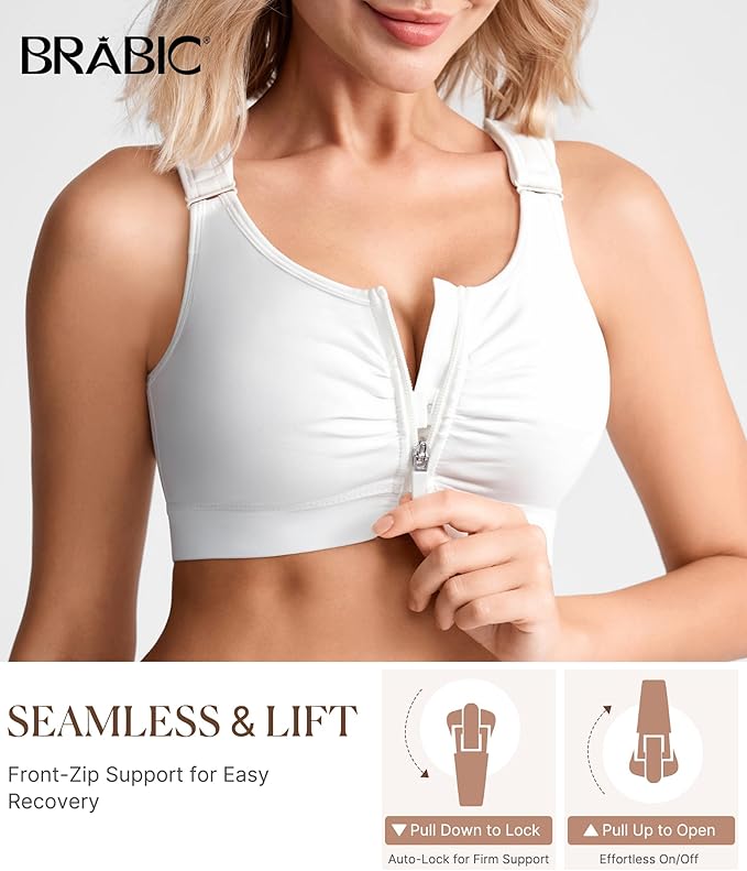 BRABIC Zip Front Closure Everyday Bra for Women Post Surgery Compression Support with Adjustable Straps Wirefree