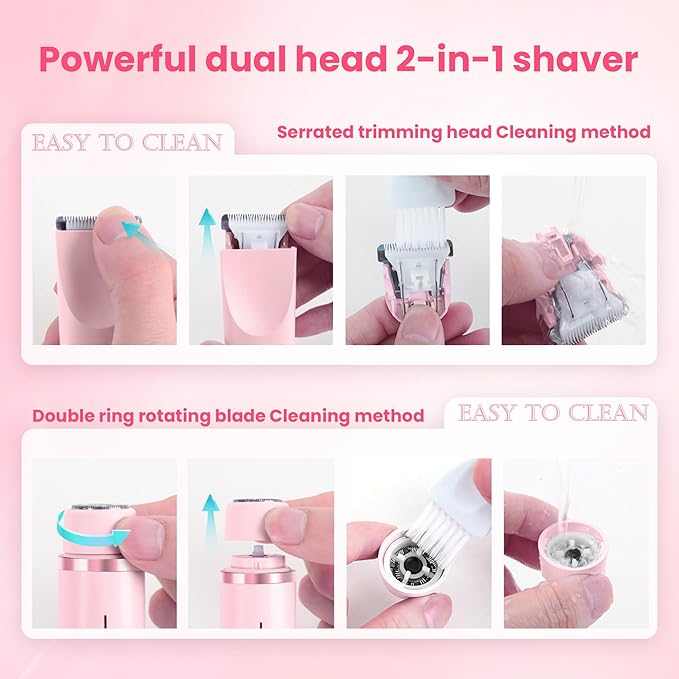 Bikini Trimmer for Women-2 in 1 Dual Head Electric Razors,USB Rechargeable Bikini Electric Shaver,IPX7 Waterproof Dry & Wet Use Body Hair Trimmer and Facial Hair Remover for Underarm Leg Body,Pink
