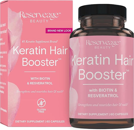Reserveage Beauty, Keratin Hair Booster with Biotin & Resveratrol, Hair and Nail Growth Supplement for Men and Women, Supports Healthy Thickness and Shine with Biotin, 60 Capsules (30 Servings)