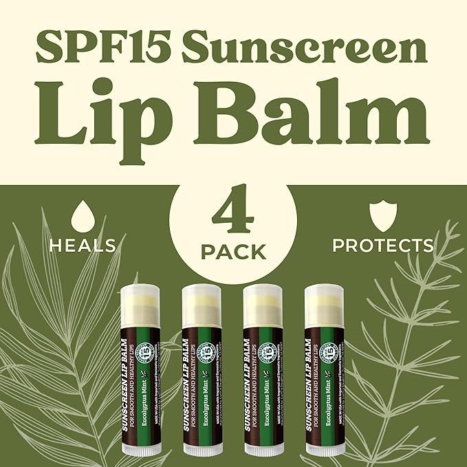 SPF Lip Balm 4-Pack by Earth's Daughter - Lip Sunscreen, SPF 15, Organic Ingredients, Eucalyptus Mint Flavor, Beeswax, Coconut Oil, Vitamin E - Hypoallergenic, Paraben Free, Gluten Free