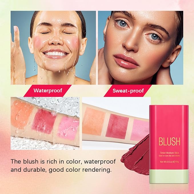 Blush Stick, Cream Blush Stick for Cheeks & Lips, Blendable Long-Lasting Multi-Use Contour Stick & Highlighter Makeup (#2 HOT RED)