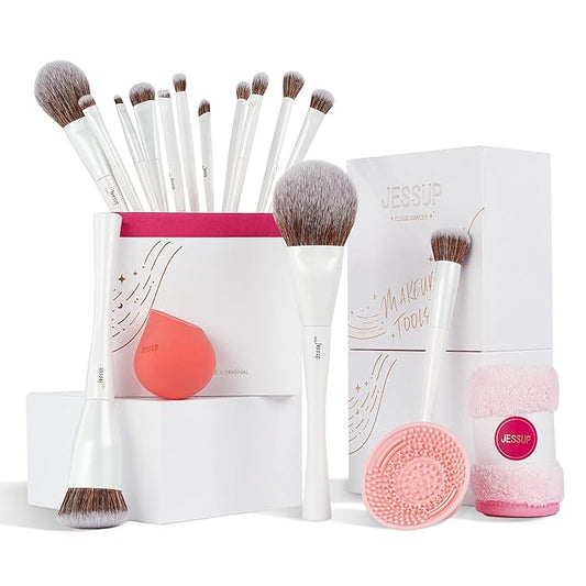 Jessup Makeup Brushes Set 14pcs Highend Makeup Gift Set for Women Include Foundation Concealer Blush Contour Powder Eye Shadow Brush, Makeup Sponge, Makeup Brush Cleaner and Towel, Pearl White T333