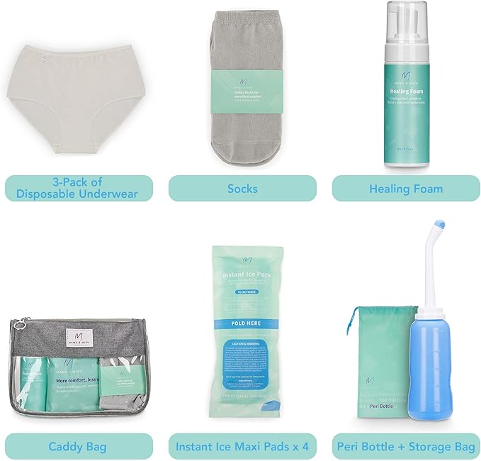 Mama & Wish Postpartum Recovery Kit - Includes Peri Bottle, Comfy Garments & Essentials for Women After Birth