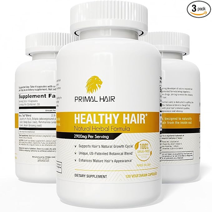 3 PK- 100% Natural Growth Treatment, Reduces Hair Loss, US Patented Formula Proven Effective for Men & Women, 100% Vegan, Non-GMO, 90-Day Supply, 3 Pack