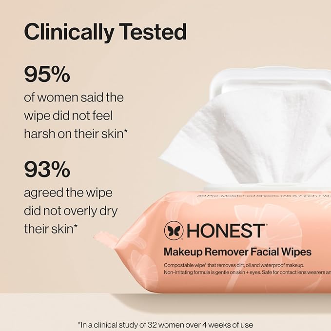 Honest Beauty Fragrance Free Cleansing Makeup Remover Facial Wipes | Plant Based, Hypoallergenic, Gentle for Sensitive Skin | 30 Count