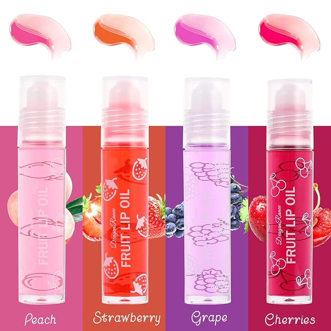 4-Piece Lip Gloss Set for Girls - Roll-On Lip Oil, Long Lasting Lip Care, Shining Clear Hydrating Glossy Tinted Balm