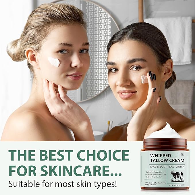 Beef Tallow for Skin, Beef Tallow Moisturizer, 8.4 oz Organic Whipped Grass Fed Beef Tallow with Honey Cream for Face & Body, Unscented