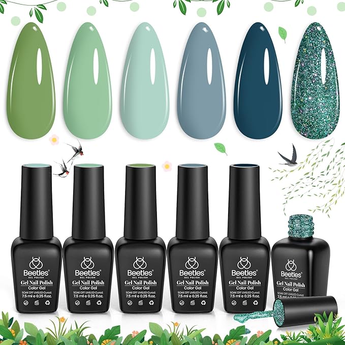 Beetles Green Gel Nail Polish Set - 6 Colors Green Gray Blue Glitter Nail Gel Polish Soak off Uv Gel Nail Art Manicure Gifts for Women