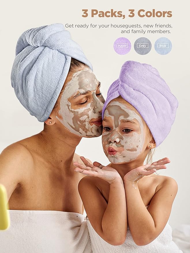 Hicober Microfiber Hair Towel, 3 Packs Hair Turbans for Wet Hair, Drying Hair Wrap Towels for Curly Hair Women Anti Frizz(Purple, Blue, Grey)