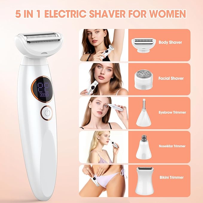 5 in 1 Bikini Trimmer for Women,IPX7 Waterproof Cordless Replaceable Pubic,Eyebrow,Facial Electric Razors&Nose Hair Trimmer&Painless Body Shaver for Arms Legs Underarms,USB Charge,LED Display,Wet&Dry