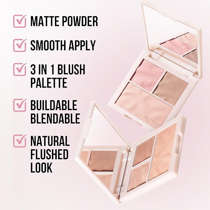 3 Colors Blush Palette For Cheek Makeup, Matte Blush Powder Blendable Face Blush,12H Longlasting, Lightweight, Smooth Pink Blush, Wonderland Pink, 0.37Oz