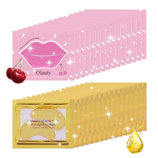 30 Pairs Lip Mask & Eye Mask, 24K Gold Gel Crystal Collagen Eye Pads for Puffy Eyes, Effectively Moisturizing the Lip & Eye Skin, Under Eye Patches for Dark Circles, Eye Bags, Wrinkles and Fine Lines
