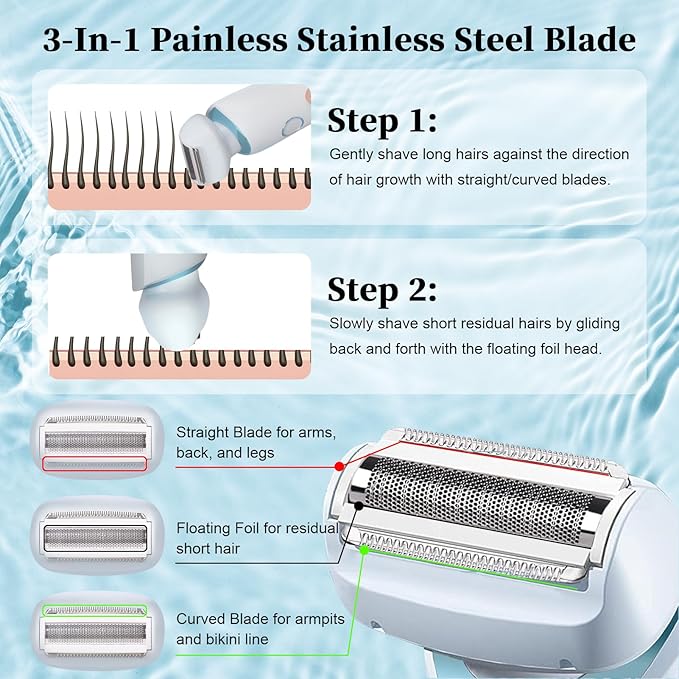 Electric Shaver Razors for Women 2-IN-1 Electric Razor for Womens Legs Underarm Face Pubic Hairs,Wet Dry Use Rechargeable Bikini Trimmer Hair Removal with Detachable Head,Painless IPX7 Waterproof Blue