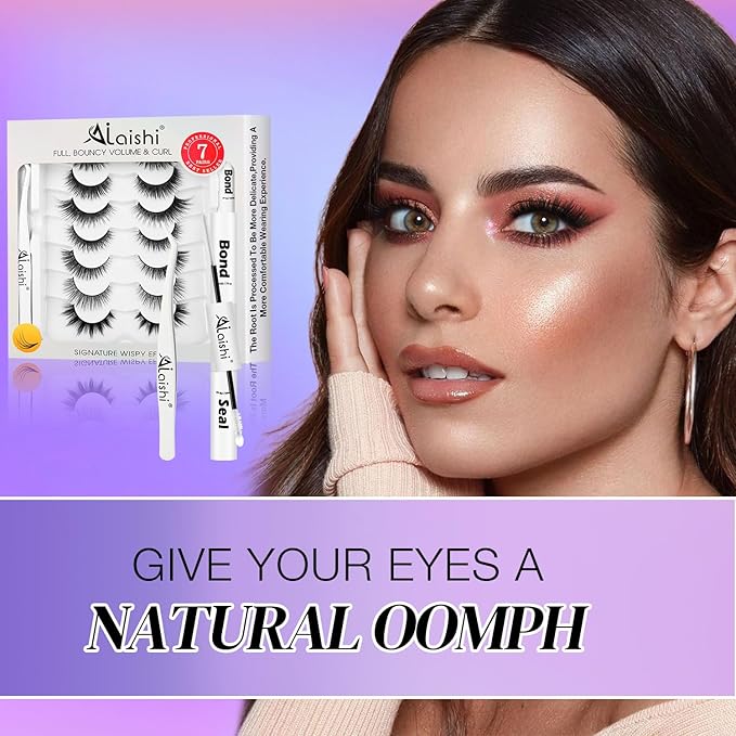 Wispy False Eyelashes Kit With Bond, Seal and Tweezer, 7 Pairs Natural Look Fake Cat Eye Lashes Strips Thin Band Extensions Waterproof Easy Eyelashes for Beginners RQ7Variety Mix