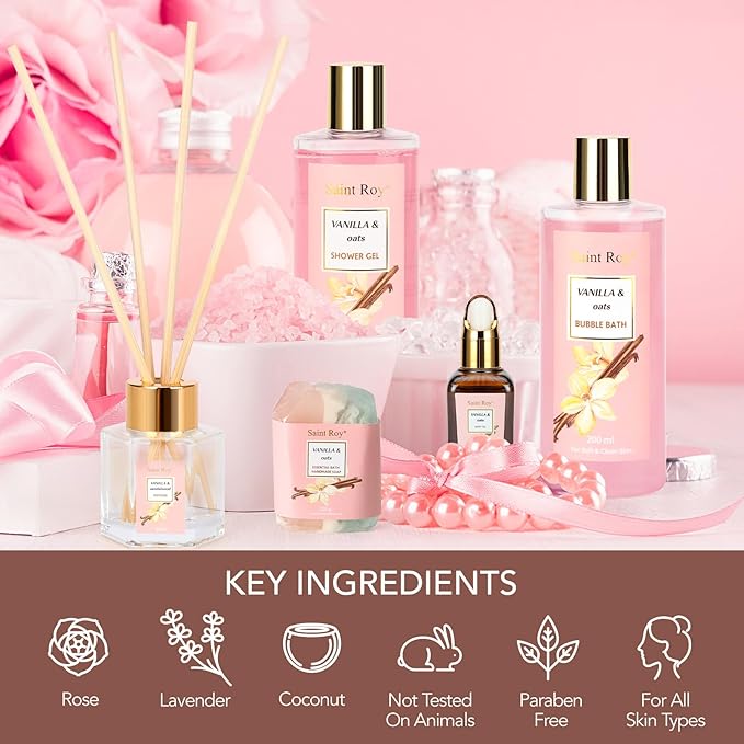 Bath and Body Gift Baskets for Women, 12 Pcs Vanilla Oat Spa Gifts for Women. Bath Gift Set Enriched Shea Butter. Home Spa with Shower Gel, Body Oil, Saint Roy Gifts for Mom