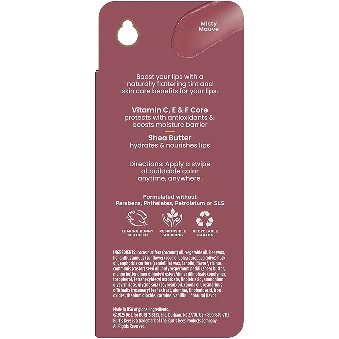 Burt’s Bees Back To School Gift Ideas, Tinted Boosted Balm, Misty Mauve, Hydrating Tinted Lip Balm with Vitamin C, E, and F Core, 24 Hour Lip Moisturizer, 100% Natural Origin, 1 Count, 0.16oz