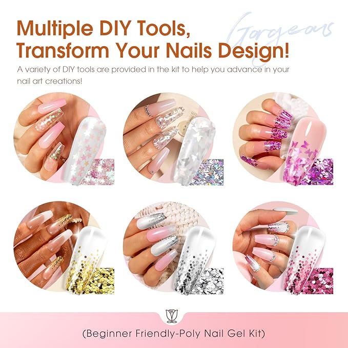 ROSALIND Poly Nail Gel Kit -14 Colors + 75 Nail Art Accessories Kit Nude Pink Series Poly Gel with Big Uv Light 48W and Electric Nail Drill Poly Nail Gel Starter Kit with Everything Gift