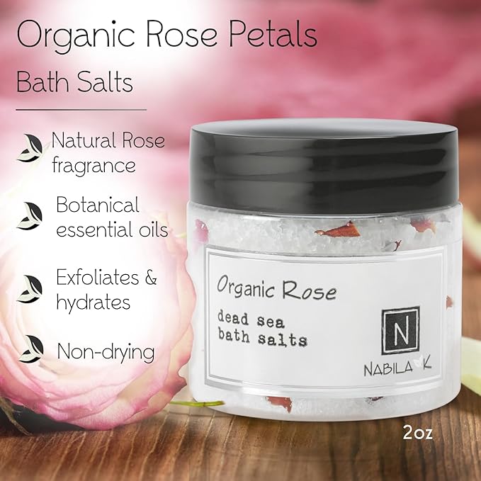 Organic Rose Bath Salts by Nabila K - Dead Sea Salt & Epsom Salt Scrub & Soak - Exfoliates & Hydrates Skin, Botanical Essential Oils - Bubble Bath Accessories for All Skins Types, 2 oz