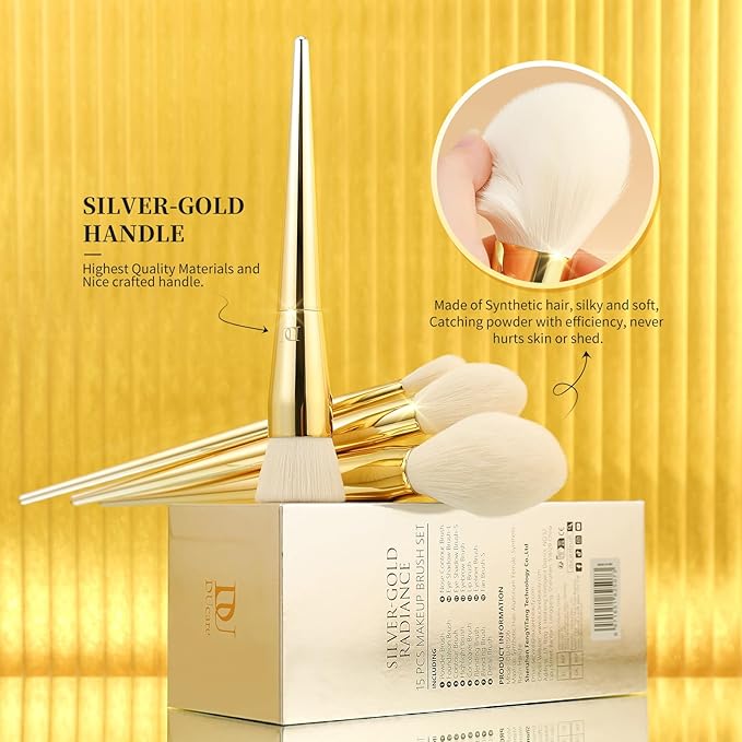 DUcare Makeup Brushes 15Pcs Makeup Brush Set with Holder Premium Synthetic Powder Foundation Contour Blush Concealer Eye Shadow Blending Liner Make Up Brush Kit gold-silver