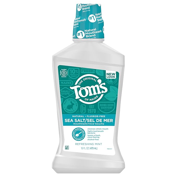 Tom's of Maine Sea Salt Natural Alcohol-Free Mouthwash, Refreshing Mint, 16 Fl Oz (Pack of 6)(Packaging May Vary)
