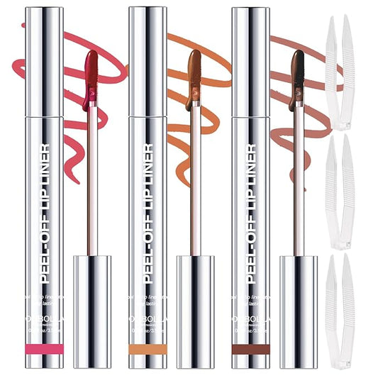 3 Colors Peel Off Lip Liner Stain with Tweezer, Long Lasting Waterproof Lip Tint Stains Makeup Set with Matte Finish for Women, Natural Look, Easy to Use, for All Skin Types (#015, M)