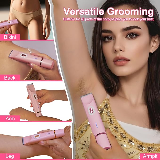 Electric Bikini Trimmer for Women, 2-in-1 Hair Shaver and Epilator, Waterproof Wet/Dry Lady Shaver（Pink）