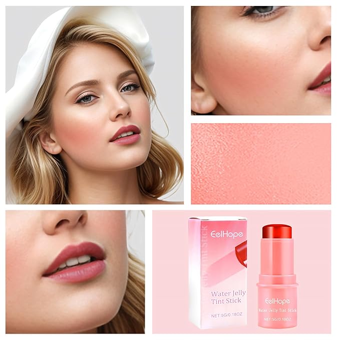 Cooling Water Jelly Tint, Makeup Lip Tint Jelly Blush Stick, Jelly Blush Stick Lip Stain, 1,000+ Swipes Per Stick, Vegan, Cruelty Free, Buildable Watercolor Finish (RED)