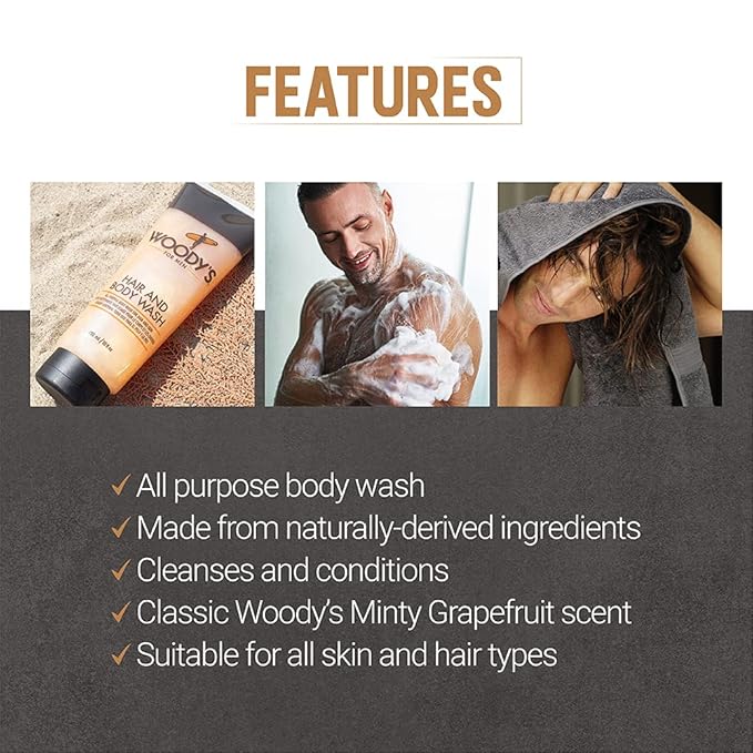 Woody's Hair and Body Wash for Men – 2-in-1 Cleanser & Body Wash, Deep Cleansing, Hydrating, Refreshing Scent, Sulfate-Free, 10 fl oz, 1 Pack