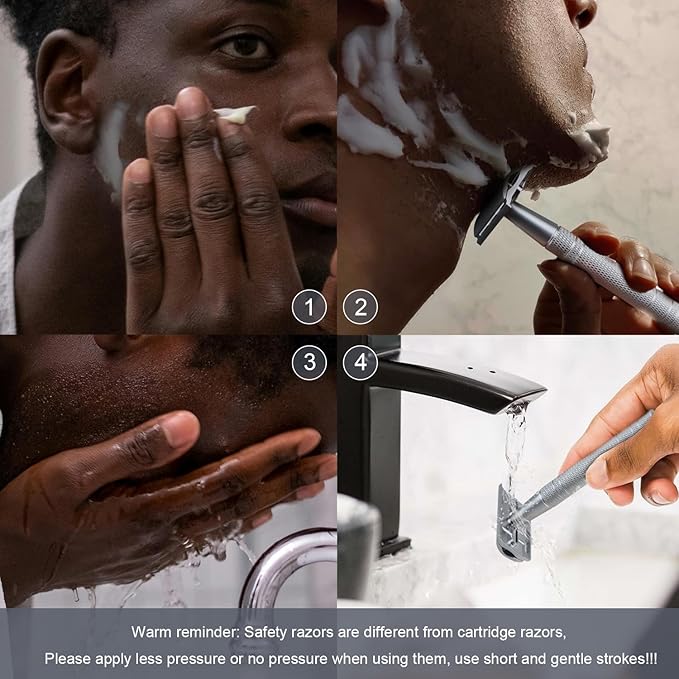 Double Edge Safety Razor with Stand, Single Blade Razors for Men and Women, Reusable Metal De Razor, Men's Safety Shaving Razors with 10 Double Edge Blades, Smooth and Close Shave, Matte Silver