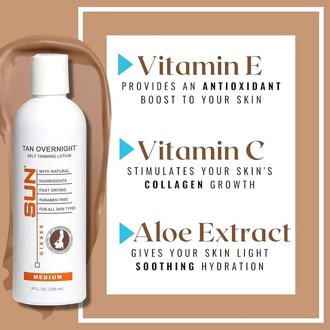 Sun Laboratories By Giesee Tan Overnight Self Tanning Lotion 8 oz 2 Pack, Self Tanning Lotion, Self Tanner, Tanning Lotion, Odorless, Non-Toxic, Medium, Light & Fair Skin, Face & Body