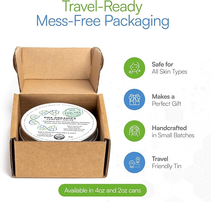 DNA Organics Comfrey Salve – Herbal Balm for Muscles, Knees & Joints – Organic, Handcrafted, Slow Infused, No Fillers – Scent-Free – for Dry Skin & Post-Workout Care – 4oz
