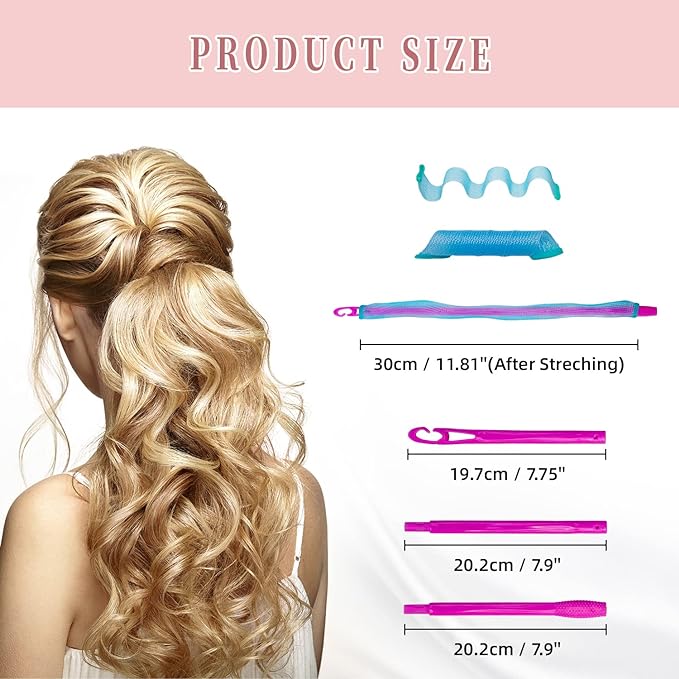 30pcs Heatless Hair Curlers Rollers Wave Curls Styling Kit with 2 Sets Styling Hooks,No Heat Spiral Curlers for Short and Medium Hair(12 Inch/ 30 cm)