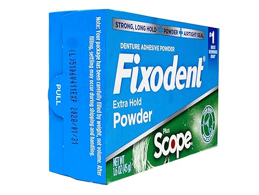 Fixodent Denture Adhesive Powder, Extra Strong, Plus Scope, Strong, Long Hold Powder, Airtight Seal, 1.6 OZ, Pack of 3