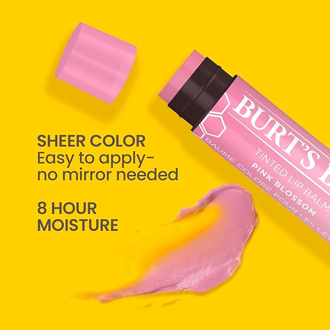 Burt's Bees Lip Tint Balm with Long Lasting 2 in 1 Duo Tinted Balm Formula, Color Infused with Deeply Hydrating Shea Butter for a Natural Looking Buildable Finish, Pink Blossom (2-Pack)