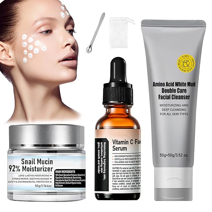 Crema de Baba de Caracol Original, Vitamin C Facial Serum 1.01 Oz, Snail Mucin 92% Moisturizer Daily Face Gel Cream1.76 Oz, Facial Cleanser 3.52 Oz for all skin type (3pcs)