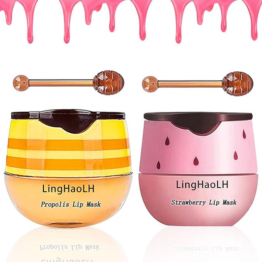2PCS Bee Lip Balm,Hydrating Honey Pot Lip Balm with Stick,Non-Greasy Silky Sleeping Lip Mask Set,Long Lasting Lip Scrubs Moisturizer for Dry Cracked Lips（Honey ＋Strawberry）