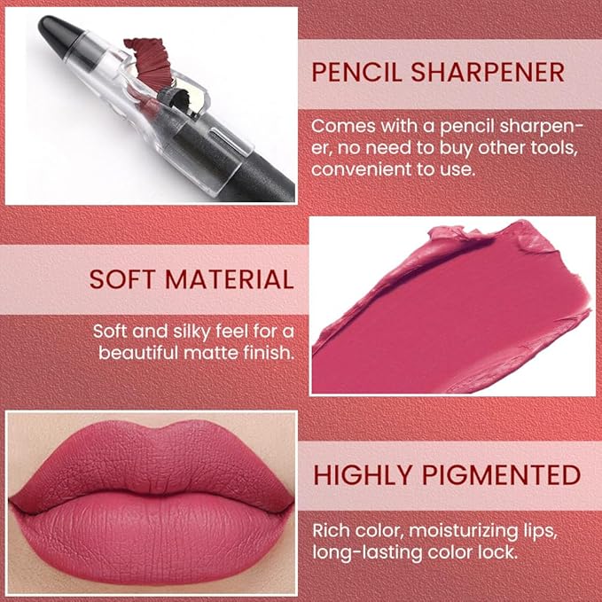 Captivating Red Crayon Matte Lipstick Lip Liner Pencil, Moisture Smooth Lipstick Pencil, With pencil sharpener Sharpenable Lip Pencil, Ultimate Lip Crayon for Women Smudgeproof Waterproof 19#