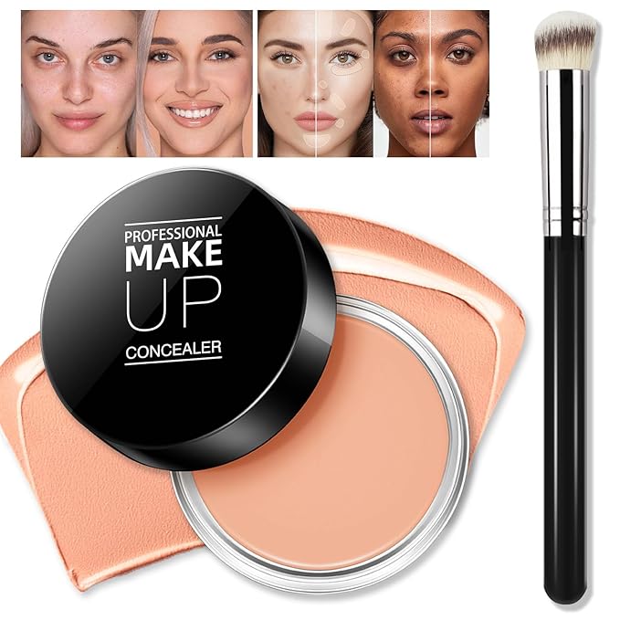 Cream Concealer Full Coverage Makeup, Matte Color Correcting Concealer with Brush, Waterproof, Conceals Blemish, Pores and Spots, Under Eye Makeup Concealer for Dark Circles (#06 TAN)