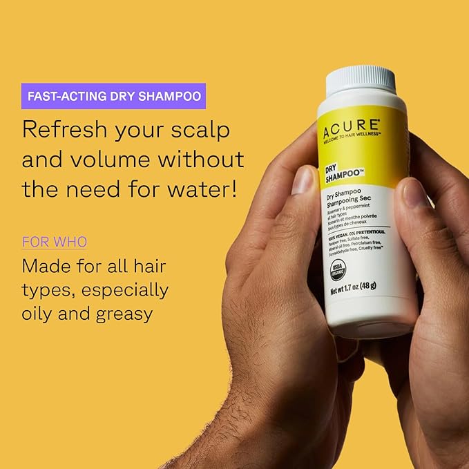 Acure Dry Shampoo - All Hair Types | 100% Vegan | Certified Organic | Rosemary & Peppermint - Absorbs Oil & Removes Impurities Without Water | 1.7 Oz