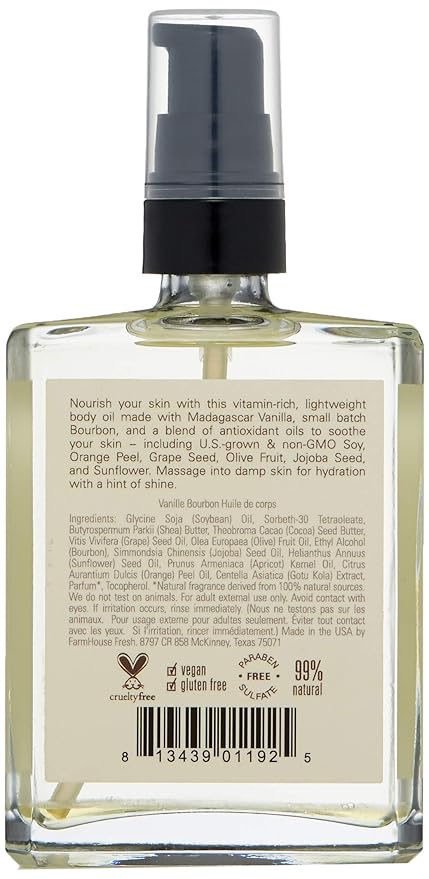 FarmHouse Fresh Vanilla Bourbon Body Oil, Vanilla Bourbon, 4 Fl Oz