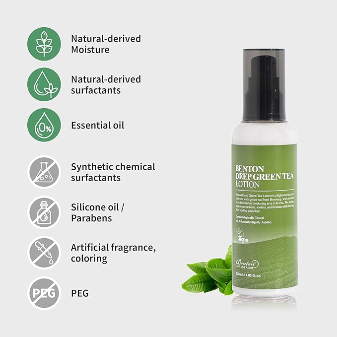BENTON Deep Green Tea Face Moisturizer 4.05 fl.oz | Hydrating Korean Green Tea Face Lotion | Soothing & Refreshing Moisturizer for Acne Prone Skin