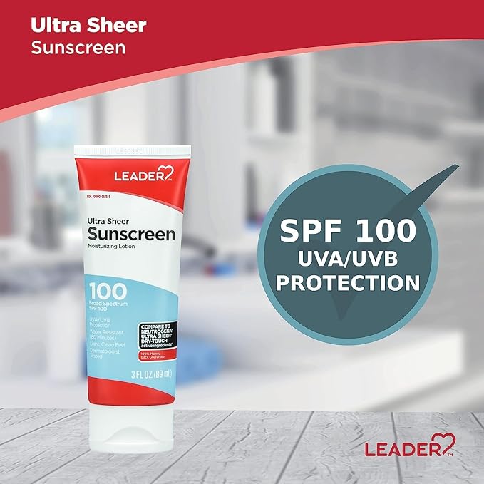 Leader Travel Sunscreen SPF 100+, Ultra Sheer Dry-Touch Water Resistant and Non-Greasy Lotion with Broad Spectrum SPF 100+, 3 Fl Oz