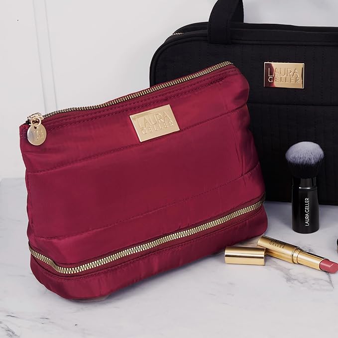 LAURA GELLER NEW YORK Quilted Makeup Bag with Brush Case, Burgundy - Toiletry Bag Organizer for Travel - Large Capacity Full Size Makeup Bag - Easy to Clean