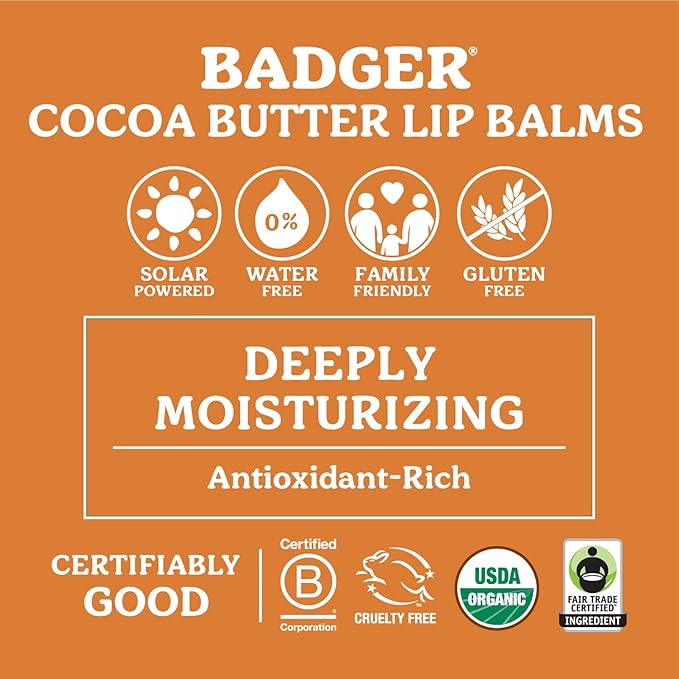 Badger Cocoa Butter Lip Balm, Creamy Cocoa, Certified Organic Lip Balm, Fair Trade, Lip Butter, Lip Balm Cocoa Butter, Care Lip Balm, 0.25 oz (4 Pack)