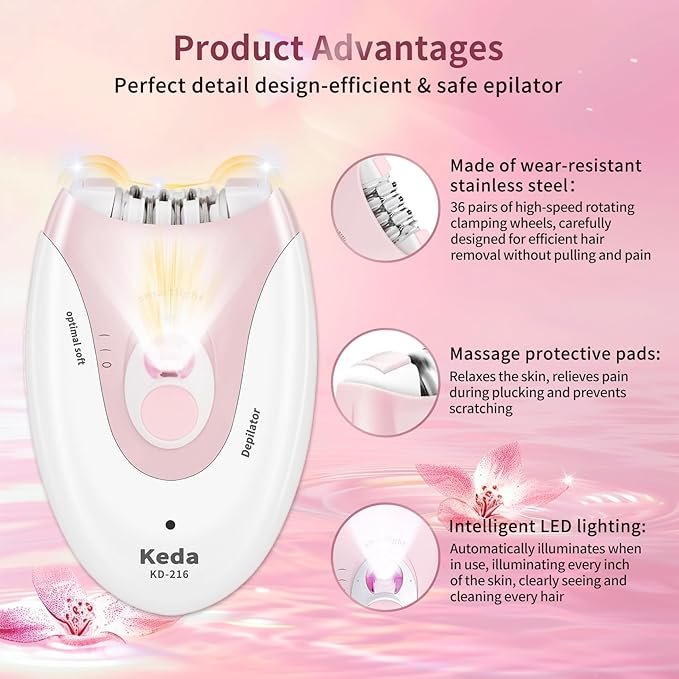 Smooth Glide Epilators Hair Removal for Women, 2 Speed Hair Removal Device with LED Light, Portable Rechargeable Face Epilator, Epilator for Women Face, Bikini, Arm, Legs, Armpits